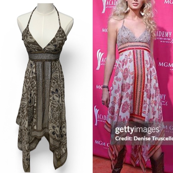 BCBGMaxAzria Dresses & Skirts - Silk Halter Babydoll Dress Handkerchief Hem Boho Festival Fairy ASO Taylor Swift